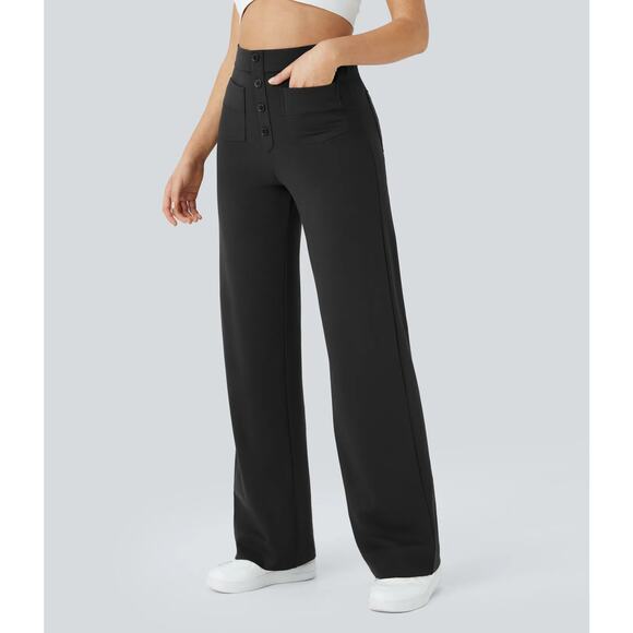 Halara High Waisted Pull On Retro Button Breathable Casual Pants Black Small - Picture 1 of 7